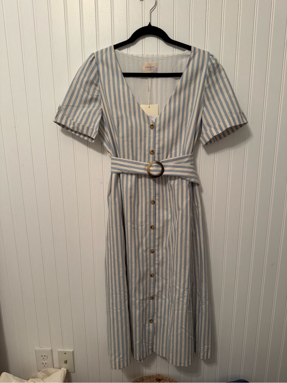 Sézane Marianne Robe Striped Button Midi Dress Size FR 40 US 8 Blue White NWT - Picture 3 of 13